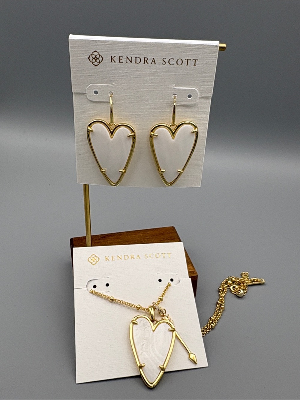 Kendra Scott Gold Tone & White Heart Dangle Earrings and Necklace set